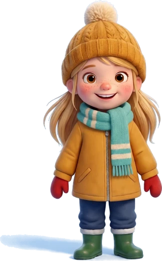 Romy, longs cheveux blonds, tuque moutarde et foulard turquoise